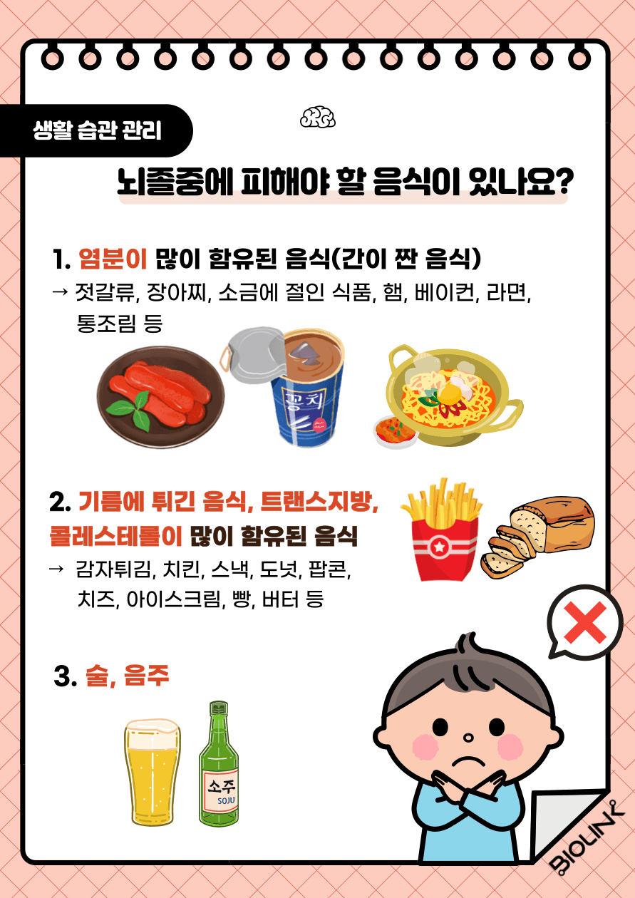 Q: 뇌졸중에 피해야 할 음식이 있나요? A: 첫 번째 염분이 많이 함유된 음식은 피하는 것이 좋습니다. 예로는 각종 젓갈류, 장아찌, 소금에 절인 식품, 햄, 베이컨, 라면, 통조림 등의 간이 짠 음식이 있습니다. 두 번째 기름에 튀긴 음식, 트랜스지방 및 콜레스테롤이 많이 함유된 음식은 피하는 것이 좋습니다. 예를 들어 감자튀김, 치킨, 스낵, 도넛, 팝콘, 치즈, 아이스크림, 빵, 버터 등의 음식이 있습니다. 마지막으로 소주와 맥주 등 음주는 가급적 피하는 것이 좋습니다.