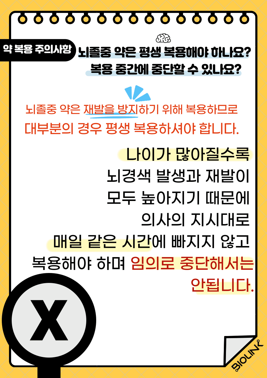 Q: 뇌졸중 약은 평생 복용해야 하나요? 복용 중간에 중단할 수 있나요? A: 뇌졸중 약은 재발을 방지하기 위해 복용하므로 대부분의 경우 평생 복용하셔야 합니다. 나이가 많아질수록 뇌경색 발생과 재발이 모두 높아지기 떄문에 의사의 지시대로 매일 같은 시간에 빠지지 않고 복용해야 하며 임의로 중단해서는 안됩니다.