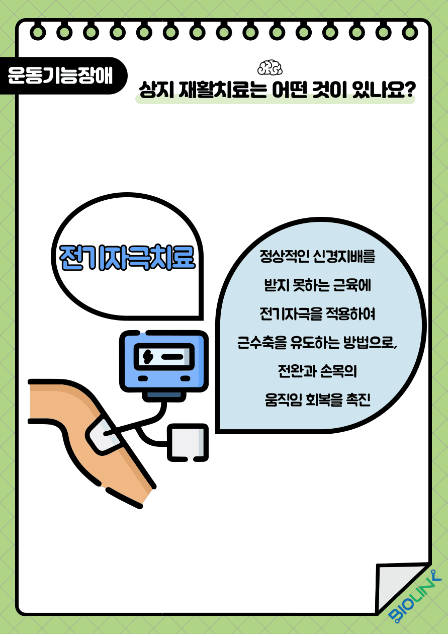 Q: 상지 재활치료는 어떤 것이 있나요? A: 상지 재활치료에는 ‘전기자극치료’ 방법이 있습니다. 이 방법은 정상적인 신경지배를 받지 못하는 근육에 전기자극을 적용하여 근수축을 유도하는 방법으로 전완과 손목의 움직임과 회복을 촉진시킵니다.