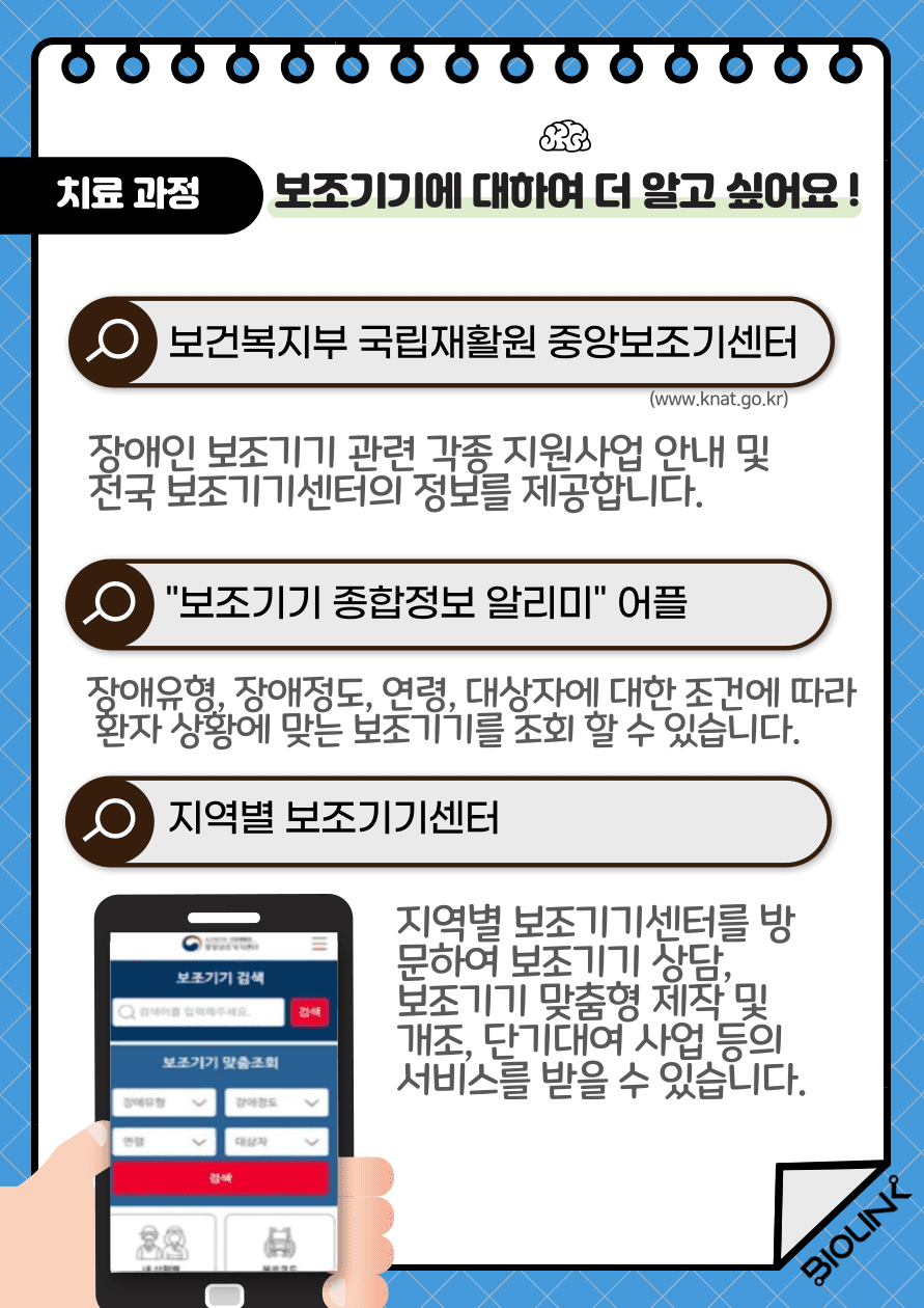 보조기기에 대하여 더 알고 싶어요! 보건복지부 국립재활원 중앙보조기센터에 방문하시면 장애인 보조기기 관련 각종 지원사업 안내 및 전국 보조기기센터의 정보를 제공받을 수 있습니다. 또한 “보조기기 종합정보 알리미” 어플에서 장애유형, 장애정도, 연령, 대상자에 대한 조건에 따라 환자 상황에 맞는 보조기기를 조회 할 수 있습니다. 지역별 보조기기 센터에 방문하여 보조기기 상담, 보조기기 맞춤형 제작과 개조, 단기대여 사업 등 서비스를 받을 수 있습니다.