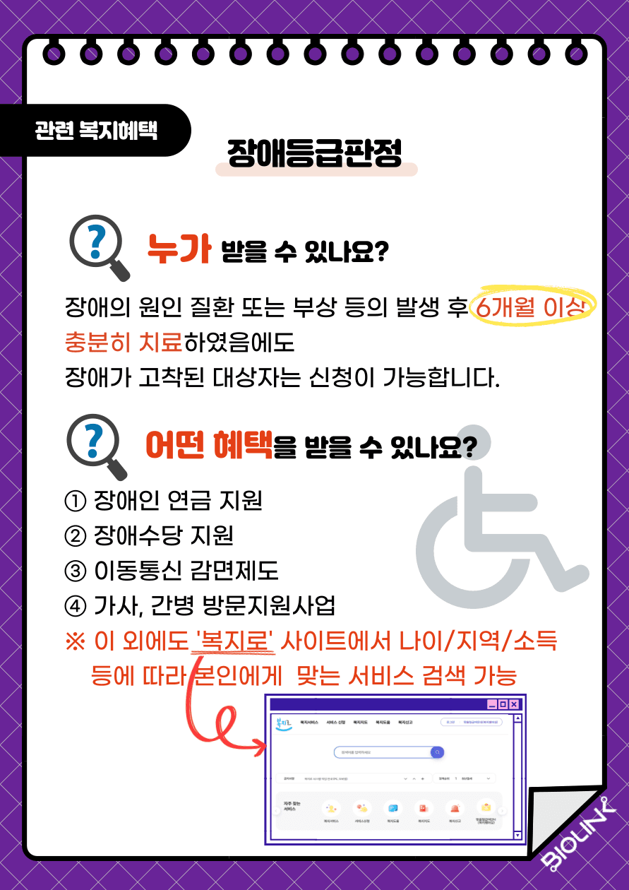 장애등급판정입니다. 장애등급판정의 대상은 장애의 원인 질환 또는 부상 등이 발생 후 6개월 이상 충분히 치료하였음에도 장애가 고착된 자입니다. 지원혜택으로는 1. 장애인 연금지원 2. 장애수당 지원 3. 이동통신 감면제도 4. 가사, 간병 방문지원 사업 등의 지원이 있습니다. 이 외에도 복지로 사이트에서 나이, 지역, 소득 등에 따라 본인에게 맞는 서비스 검색이 가능합니다.