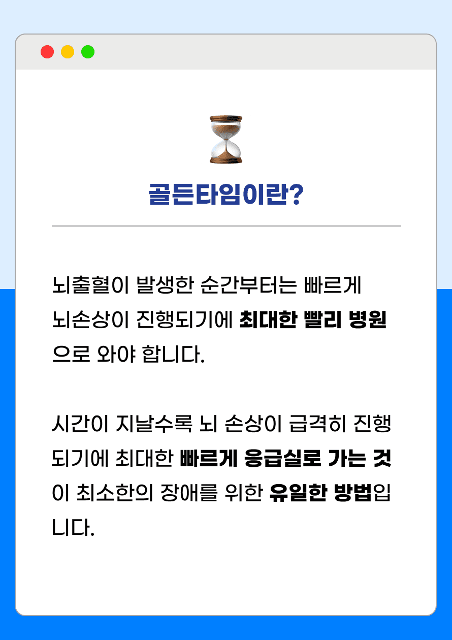 Q. 뇌출혈에 골든 타임이 있나요? A. 뇌출혈이 발생한 순간부터는 빠르게 뇌손상이 진행되기에 최대한 빨리 병원으로 와야 합니다. 시간이 지날수록 뇌 손상이 급격히 진행되기에 최대한 빠르게 응급실로 가는 것이 최소한의 장애를 위한 유일한 방법입니다.