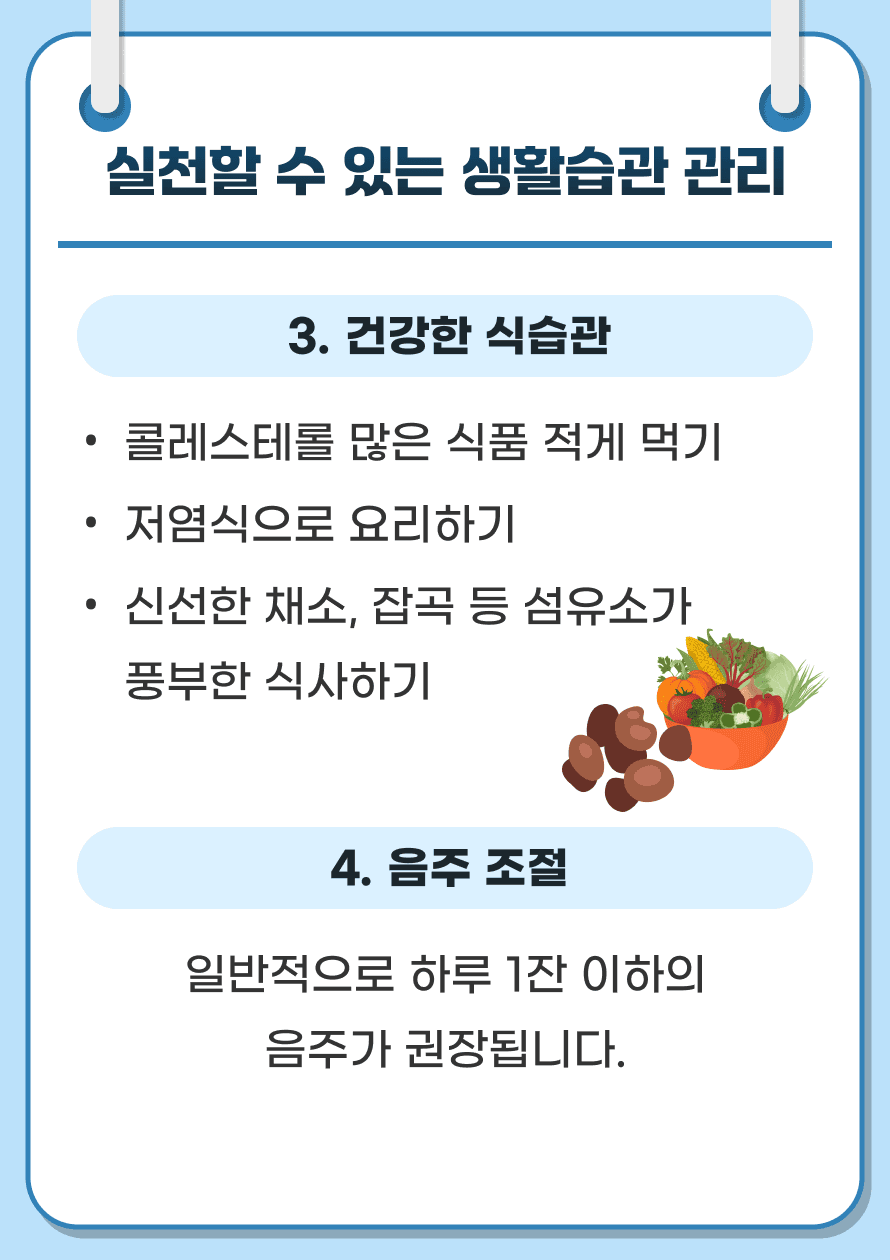 세번재로 건강한 식습관으로 먹는 것이 있습니다. 지방 섭취를 조절하고 고혈압을 예방하기 위해 저염식으로 요리해서 드세요. 채소나 잡곡과 같은 섬유질이 풍부한 식단 위주로 섭취하고 과도한 설탕과 가공식품은 제한하는 것이 좋습니다. 마지막으로는 절주하는 것이 있습니다. 과도한 음주는 고혈압, 심장 질환의 위험을 증가시킬 수 있으니 음주는 적당히 하는 것이 중요합니다. 일반적으로는 하루 1잔 이하의 음주가 권장되고 있습니다.