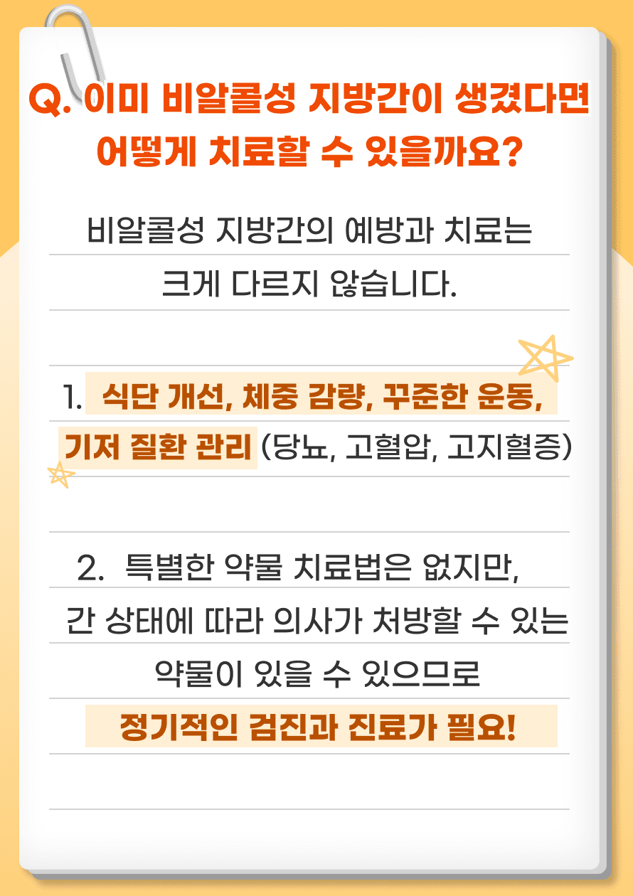 Q. 이미 비알콜성 지방간이 생겼다면 어떻게 치료할 수 있을까요? 비알콜성 지방간이 이미 진단 되었다면, 예방보다 더 중요한 것은 적절한 관리와 치료입니다. 치료는 주로 생활 습관 개선을 중심으로 진행되며, 약물 치료는 제한적입니다. 식단 개선, 체중 감량, 꾸준한 운동으로 간 기능을 개선 및 지방간의 완화가 가능하며 기저질환 관리(당뇨, 고혈압, 고지혈증)가 중요합니다. 특별한 약물 치료법은 없지만, 간 상태에 따라 의사가 처방할 수 있는 약물이 있을 수 있으므로 정기적인 검진과 진료가 필요합니다.