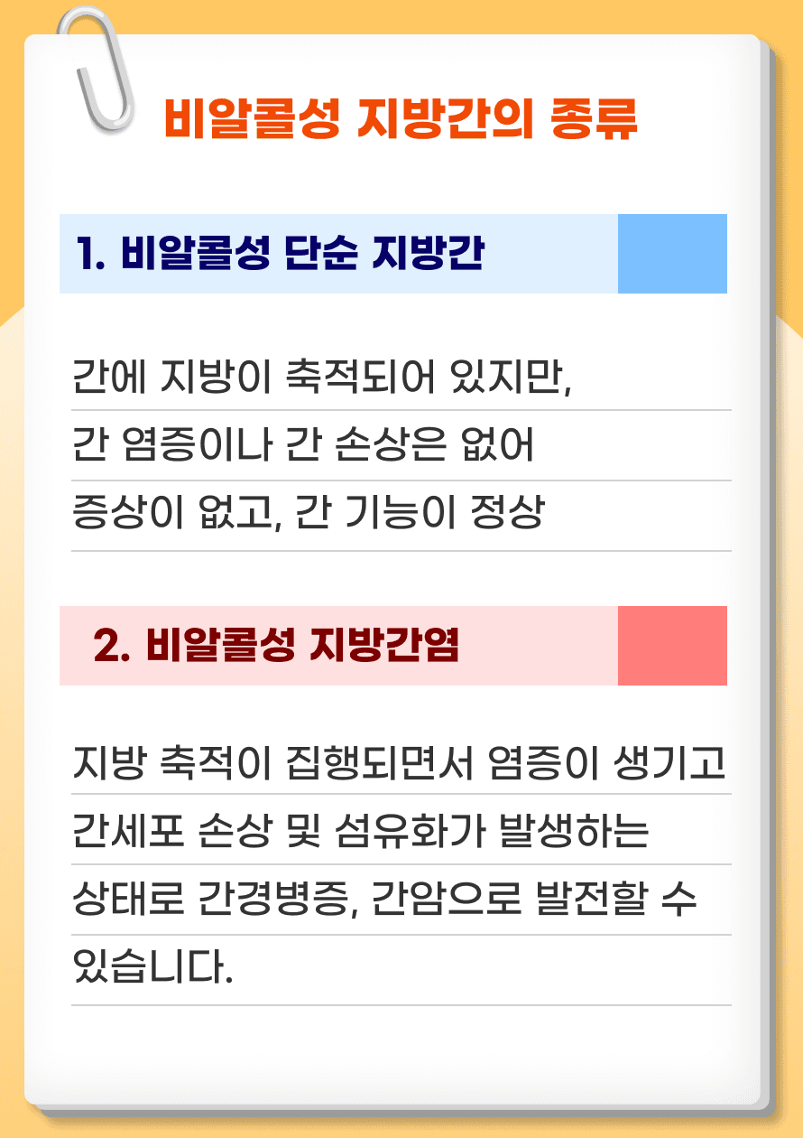 이러한 비알콜성 지방간도 두가지로 분류할 수 있습니다. 1. 비알콜성 단순 지방간 (NAFL): 이 단계에서는 간에 지방이 축적되어 있지만, 간 염증이나 간 손상은 없습니다. 대부분의 환자는 증상이 없고, 간 기능이 정상입니다. 2. 비알콜성 지방간염 (NASH): 지방 축적이 진행되면서 염증이 생기고 간섬유화가 발생하는 상태입니다. 이 상태가 지속된다면 간경변증, 간암으로 발전할 수 있습니다.