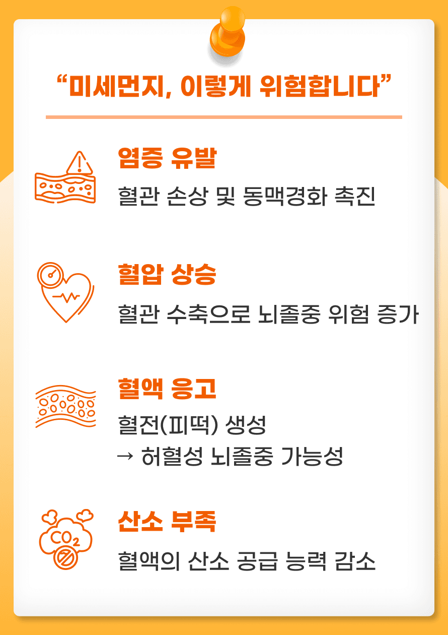 그렇다면 미세먼지는 어떻게 뇌졸중을 유발할까요? 먼저, 체내 염증을 유발해 혈관을 손상시키고, 동맥경화를 가속화합니다. 또한, 혈압을 상승시키고 혈액 응고를 촉진해 혈전, 즉 피떡이 생길 가능성을 높이죠. 이런 변화는 허혈성 뇌졸중과 출혈성 뇌졸중의 위험성을 모두 증가시킵니다. 게다가 산소 공급 능력을 떨어뜨려 뇌 건강을 위협합니다.