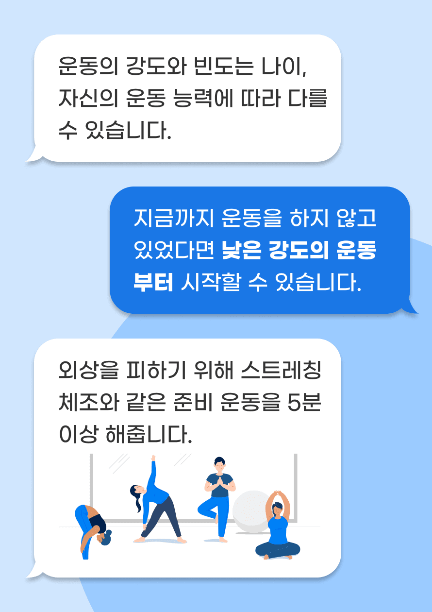 운동의 강도와 빈도는 나이, 자신의 운동 능력에 따라 다를 수 있습니다. 지금까지 운동 경험이 적다면 낮은 강도의 운동부터 시작할 수 있습니다. 외상을 피하기 위해 스트레칭 체조와 같은 준비 운동을 5분 이상 해줍니다. 운동은 일상적인 습관으로 꾸준히 유지하는 것이 좋습니다. 가볍게 걷기부터 시작해 점차 강도를 높이며 규칙적인 운동을 해봅시다.