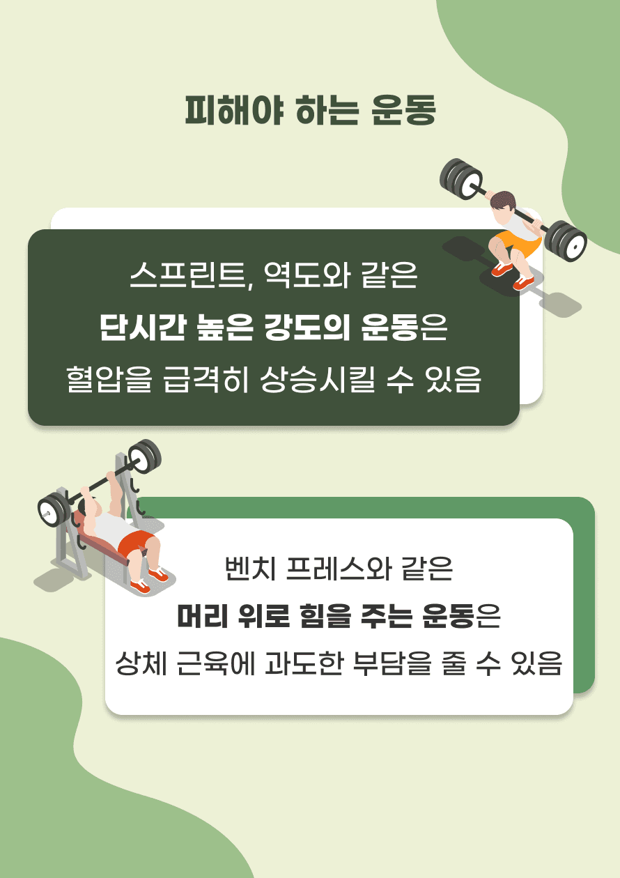 고강도 운동은 혈압을 급격히 상승시킬 수 있어 피하는 것이 좋습니다. 단시간에 높은 강도로 진행되는 스프린트나 역도 같은 운동이 이에 해당하며, 또한 머리 위로 무거운 물체를 들어 올리는 벤치 프레스 같은 운동은 상체 근육에 과도한 부담을 줄 수 있으므로 삼가야 합니다.