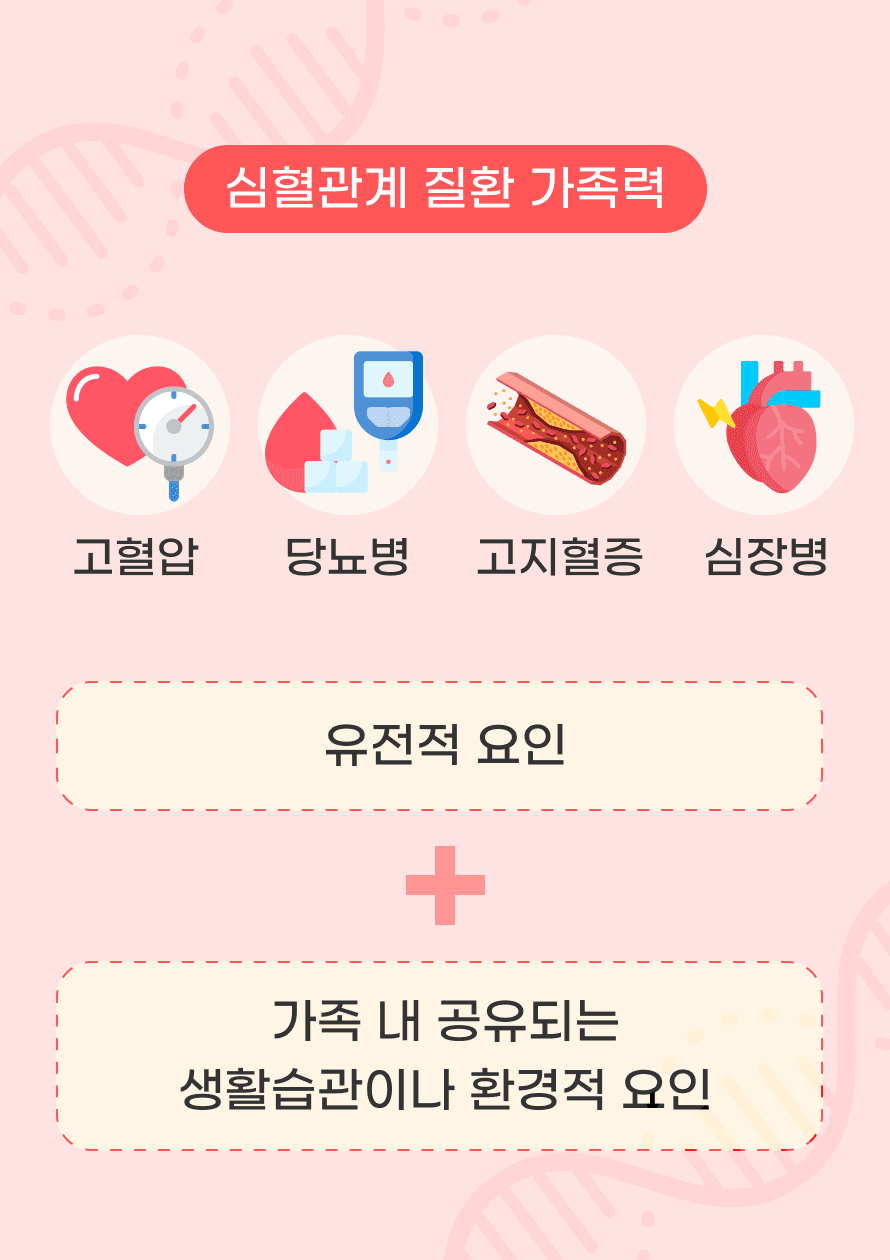 심혈관계 질환 가족력이 있는 경우 뇌졸중 위험이 증가할 수 있습니다. 고혈압, 당뇨병, 고지혈증, 심근경색과 같은 심장병 등은 뇌졸중 위험을 높이는 주요 원인입니다. 이러한 질환들의 가족력은 유전적 요인도 작용하나 가족 내 공유되는 생활 습관이나 환경적 요인도 관련이 있습니다.