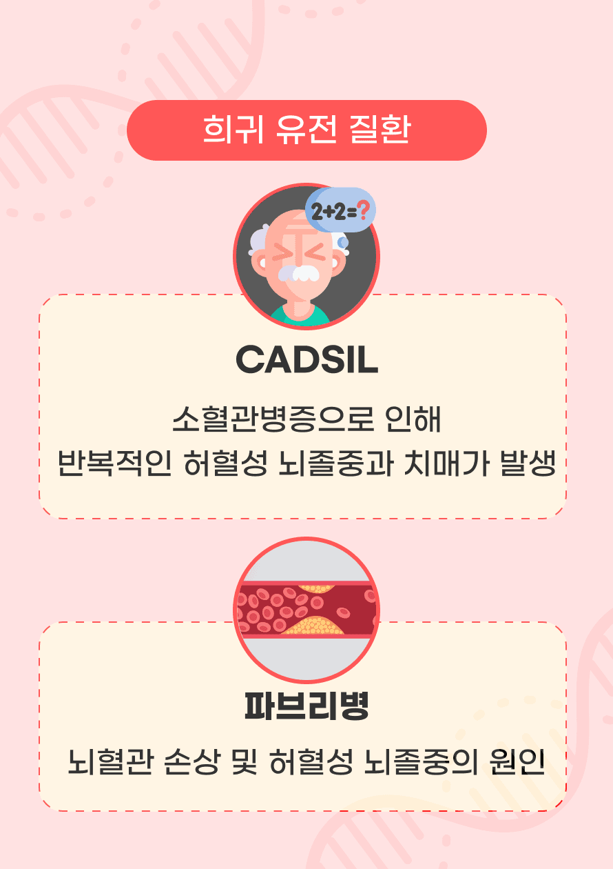 뇌졸중의 원인이 되는 희귀 유전적 장애도 있습니다. CADASIL의 경우 NOTCH3 유전자의 돌연변이로 인한 유전성 혈관 질환이며, 소혈관병증으로 인해 반복적인 허혈성 뇌졸중과 치매가 발생할 수 있습니다. 파브리병은 GLA 유전자의 돌연변이로 인해 혈관 손상 및 허혈성 뇌졸중의 원인이 됩니다.