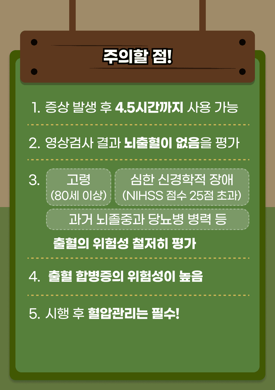 정맥내 혈전용해제 치료는 증상 발생 후 4.5시간까지 가능하며, 출혈 위험성에 대해 철저히 평가해야 합니다. 치료 전 CT나 MRI 검사를 통해 뇌출혈이 없음을 확인하는 것이 중요하며, 고령(80세 이상), 심한 신경학적 장애(NIHSS 점수 25점 초과), 과거 뇌졸중과 당뇨병 병력 등 출혈의 위험성 철저히 평가해야합니다. 또, 뇌출혈 위험성을 최소화하기 위해 혈압 관리가 필요합니다. 치료는 빠르게 시행될수록 효과가 크며, 환자의 장기적인 장애를 줄이는 데 크게 기여할 수 있습니다. 다만, 출혈 합병증의 위험성에 대한 충분한 설명이 필요합니다.