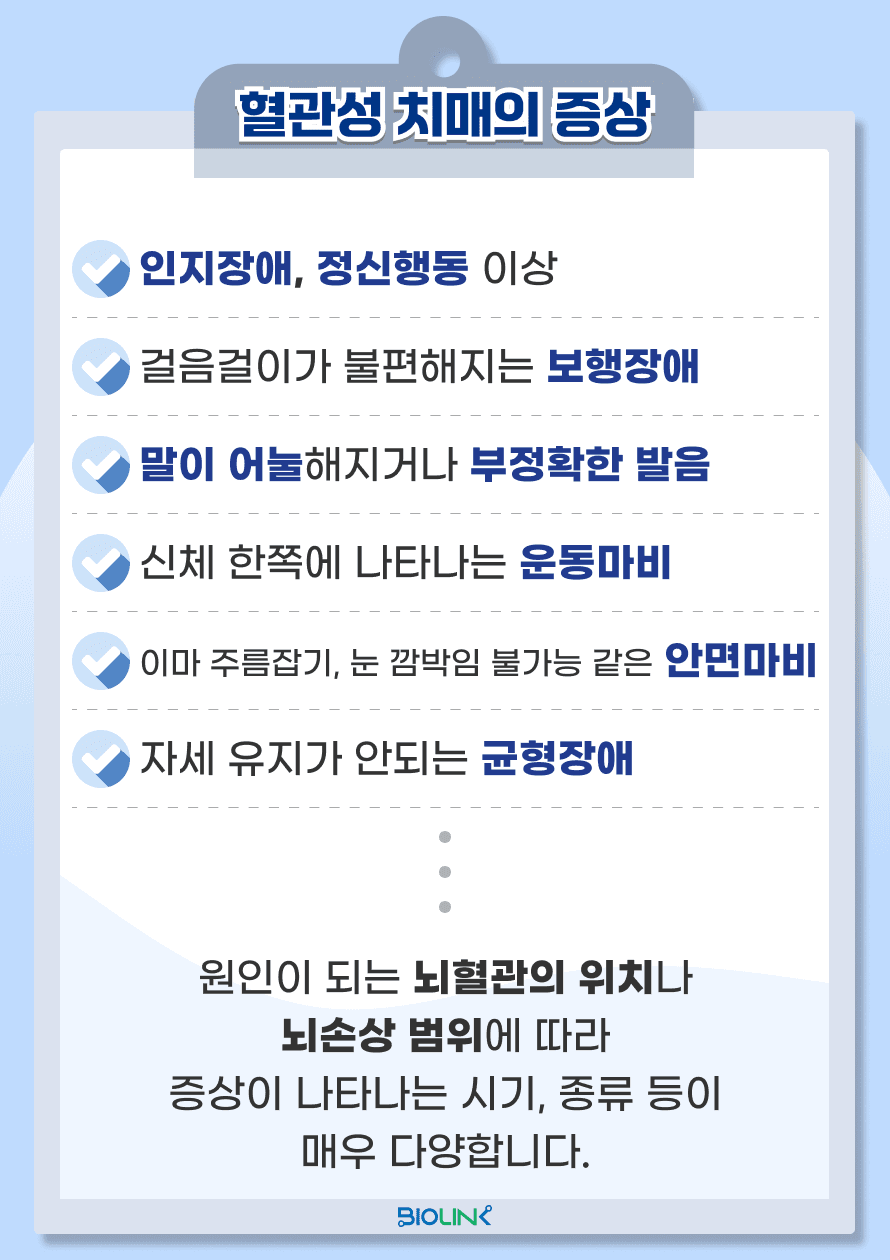 혈관성 치매는 인지 기능과 기억력의 저하 뿐만 아니라 행동, 감정 조절에도 영향을 줄 수 있습니다. 또한, 뇌손상의 위치와 범위에 따라 보행 장애, 언어 장애, 신체 한쪽의 운동 능력 마비, 안면 마비와 균형 장애 등 다양한 증상이 나타날 수 있습니다.