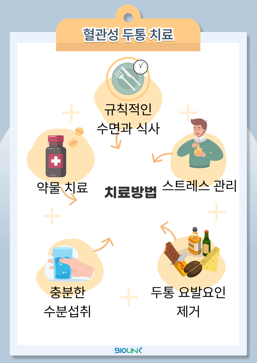 혈관성 두통의 치료는 증상의 완화와 예방을 목표로 합니다. 약물 치료가 핵심이며, 편두통의 경우에는 트립탄 계열 약물(예: 수마트립탄)과 NSAIDs(비스테로이드 항염증제)와 같은 약을 증상 완화를 위해 사용합니다. 그 외에도 최근에는 CGRP(Calcitonin Gene-Related Peptide) 길항제, 라스미디탄과 같은 급성 치료제가 개발되었으며 의사와 상담 하에 사용할 수 있겠습니다. 군발두통의 경우, 산소 치료가 효과적일 수 있으며, 필요 시 리도카인 스프레이나 트립탄 계열 약물을 사용할 수 있습니다. 장기적인 예방을 위해서는 편두통 예방약(예: 베타 차단제, 칼슘 채널 차단제, 항우울제 등)이 사용될 수 있습니다. 군발두통의 예방을 위해서는 스테로이드나 칼슘 채널 차단제를 사용할 수 있습니다. 또한, 생활습관 개선이 두통의 예방에 중요합니다. 규칙적인 수면과 식사, 스트레스 관리, 적절한 운동, 알콜이나 카페인 섭취 제한과 충분한 수분 섭취 등이 도움이 될 수 있습니다. 또한, 유발요인을 제거하는 것도 중요하겠습니다. 혈관성 두통은 그 원인과 증상에 따라 적절한 치료가 필요하며, 정확한 진단과 치료가 이루어지면 대부분 증상 완화가 가능합니다.