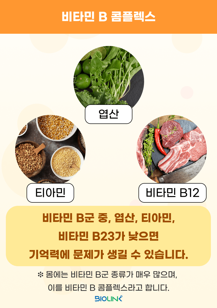 비타민 B 콤플렉스에는 많은 종류의 비타민이 있지만, 대표적인 예로 티아민(비타민 B6), 엽산(비타민 B9), 코발라민(비타민 B12) 등을 들 수 있습니다. 이러한 비타민 B군은 서로 협력해 뇌세포 손상을 막고 인지 기능 저하를 예방하여 기억력 개선에 필수적인 역할을 합니다.