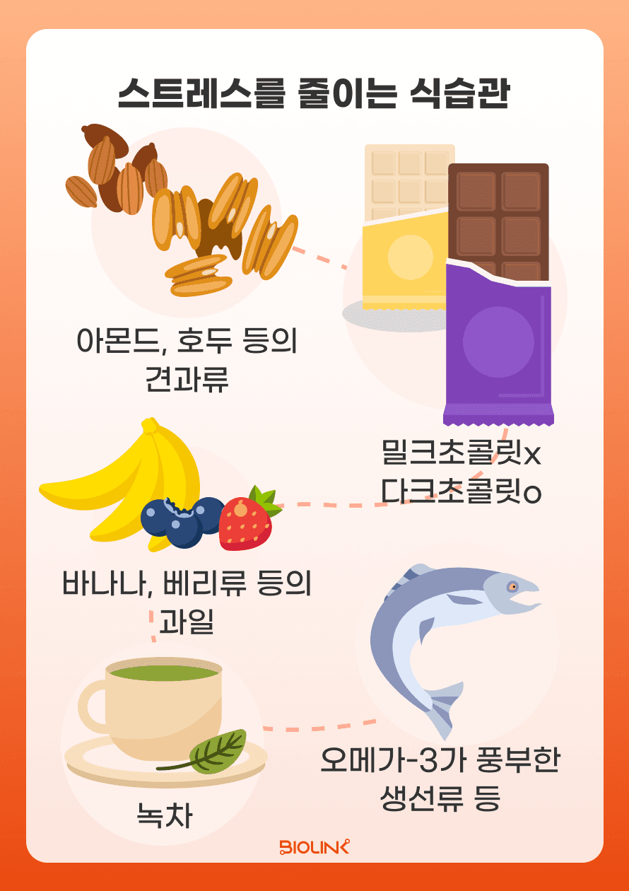 스트레스를 줄이는 음식에는 어떤 것이 있을까요? 1. 아몬드, 호두 등의 견과류는 오메가-3 지방산을 함유하고 있어 체내 염증을 줄이고 기분을 안정 시키는데, 도움을 줍니다. 또, 비타민 E와 같은 항산화제가 풍부하여 스트레스에 따른 세포 손상을 줄이는 데 탁월합니다. 2. 다크초콜릿은 항산화제가 풍부하고 세로토닌을 증가시켜 복용 시, 기분을 좋게 해줄 수 있습니다. 3. 과일 중 바나나와 베리류는 체내 염증을 줄이고 스트레스 호르몬을 낮추는 데 좋습니다. 특히, 바나나에 포함된 비타민 B6가 세로토닌 합성을 촉진하며 칼륨이 풍부하여 혈압 조절에 도움을 줍니다. 4. 녹차의 경우 L-테아닌이 함유되어 있어 뇌의 알파파를 증가시켜 몸을 이완시켜주며 스트레스를 감소시킵니다. 또한, 녹차에 포함된 항산화제는 신경 보호 효과가 있어 스트레스에 따른 뇌 손상을 예방할 수 있습니다. 5. 오메가-3 의 경우 우울증과 불안 증상을 감소시키며 이는 뇌의 염증을 줄이고 신경 전달 물질의 균형을 유지하는 데 도움을 줍니다. 또, 생선은 비타민 D의 좋은 공급원으로, 분 조절에 중요한 역할을 합니다. 오메가-3 가 풍부한 생선으로는 연어, 고등어 등이 있습니다.