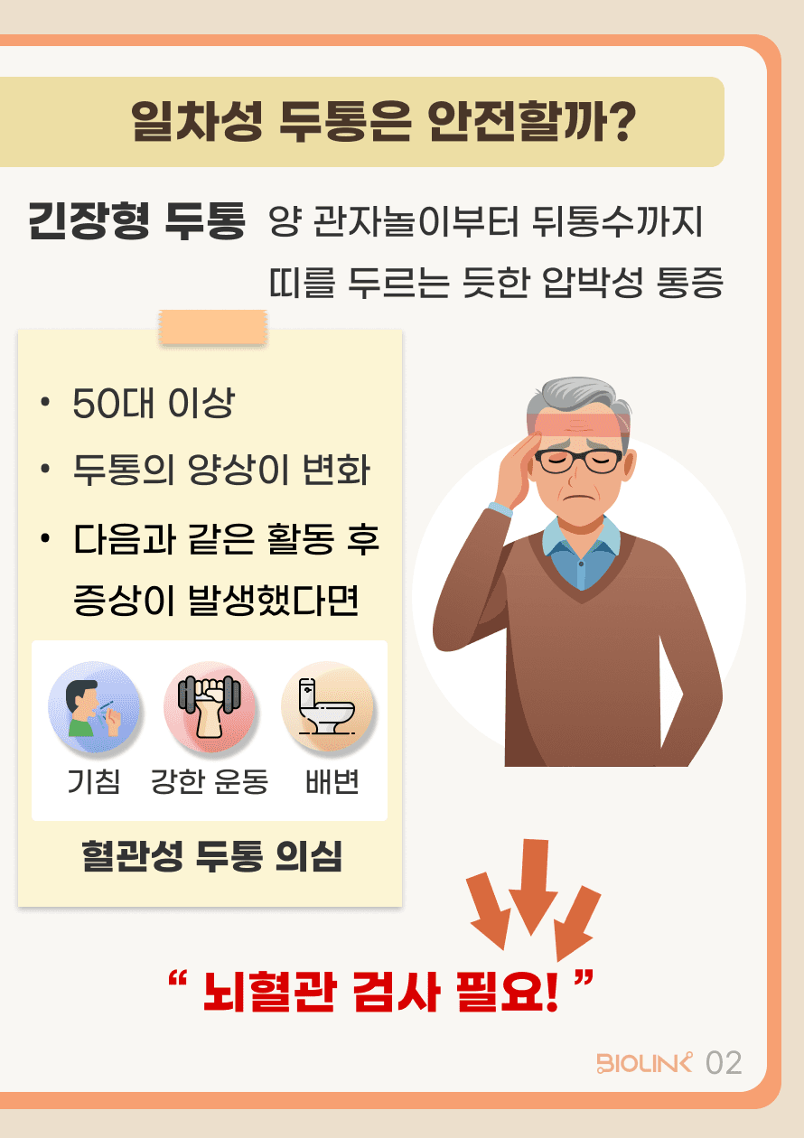 저희가 흔히 느끼는 일차성 두통에는 크게 두가지가 있는데요, 첫 번째로 긴장형 두통은 양 관자놀이부터 뒤통수까지 띠를 두르는 듯한 압박성 통증을 말합니다. 하지만 50세 이상의 고령에서 발생했거나, 두통의 양상이 변하거나, 강한 운동, 기침, 배변 후 위와 같은 증상이 발생했을 경우 뇌혈관에 문제가 있어 발생한 혈관성 두통일 가능성이 있어 뇌혈관 검사를 받아 볼 필요가 있습니다.