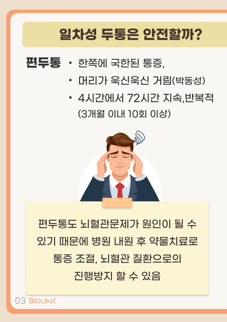 두 번째로 편두통은 한쪽에 국한된 박동성 통증이 반복적으로 4시간에서 72시간까지 지속된다는 특징을 갖고 있는데, 편두통도 뇌혈관의 문제로 발생할 수 있기 때문에 이러한 증상이 있을 시 병원에 내원 후 약물치료로 통증 조절 및 뇌혈관 질환으로의 진행을 방지 할 수 있습니다.